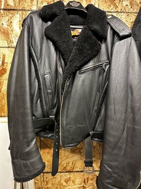 Harley Davidson Mens Large Sherpa Lined Vintage Black Leather Motorcycle Jacket